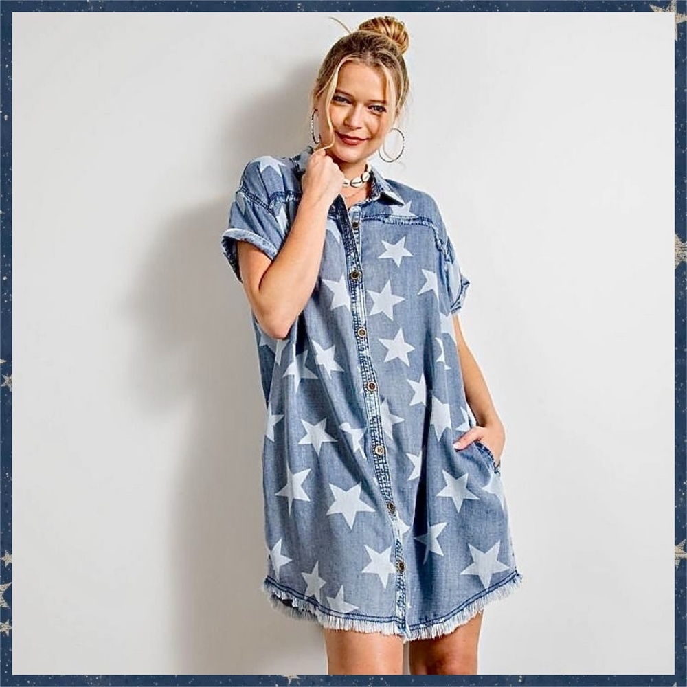 EASEL "Twinkle Star" Lightweight Cotton Denim Shirt Dress Button Up W/ Raw Seams - Picture 13 of 16